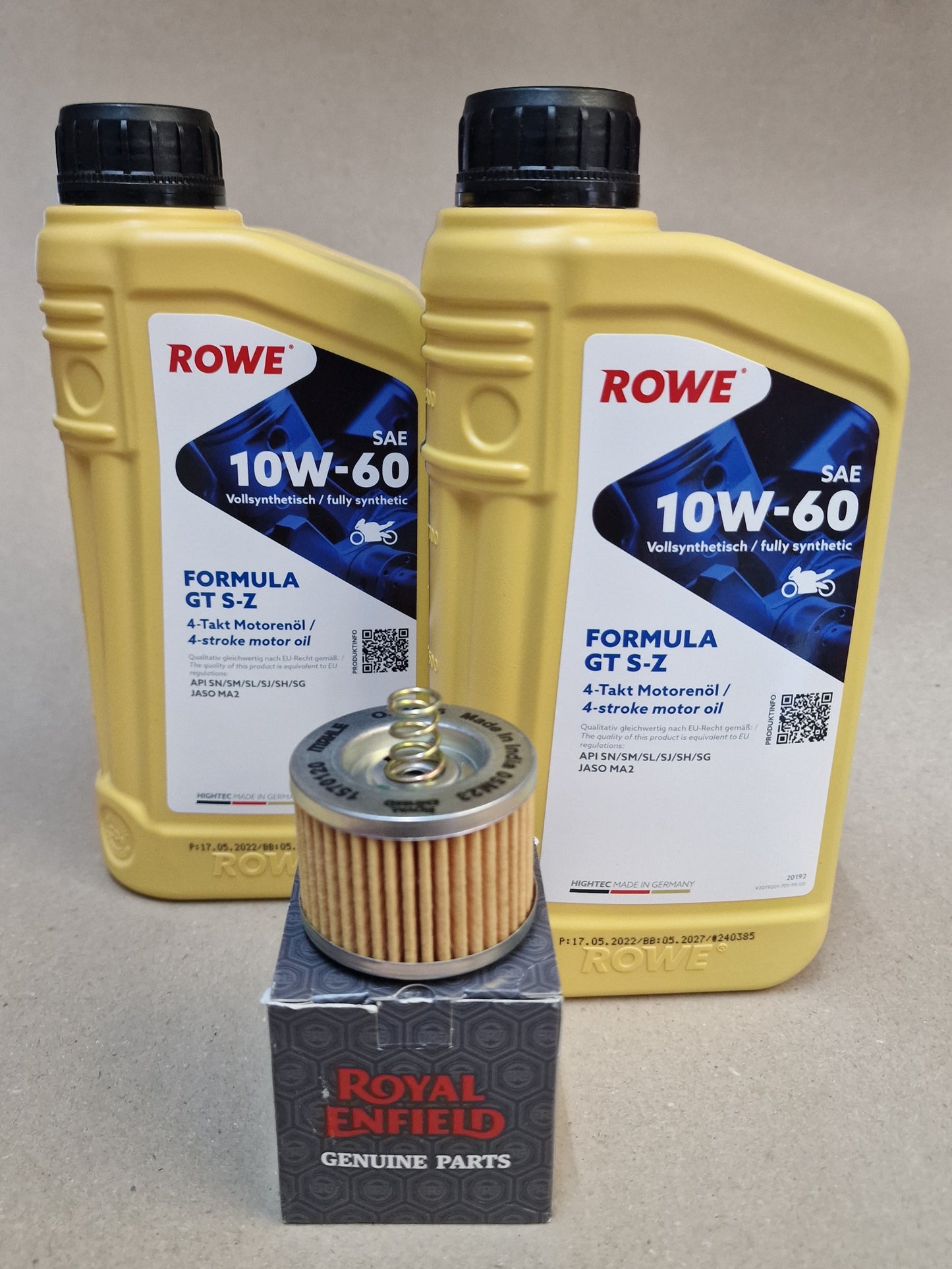 Service Kit ROWE Royal Enfield Meteor 350 / new Classic 350 / HNTR 350 SAE 10W-60 ( alternativ ) Ölwechsel Set .