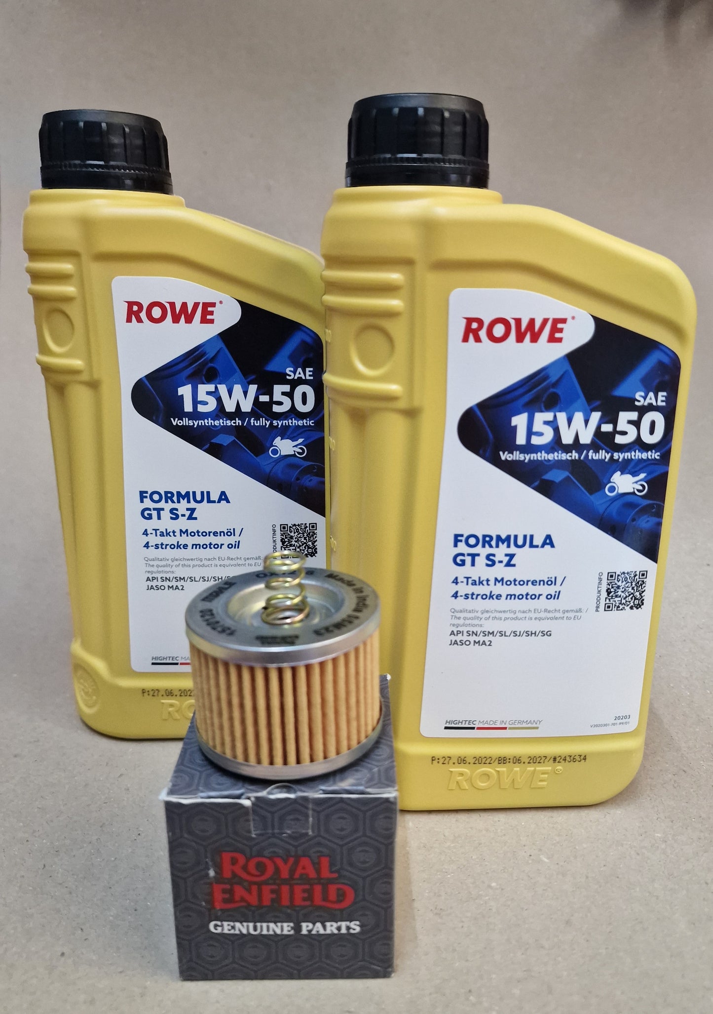Service Kit ROWE Royal Enfield Meteor / new Classic 350 / HNTR 350 SAE 15W-50 Ölwechsel Set .