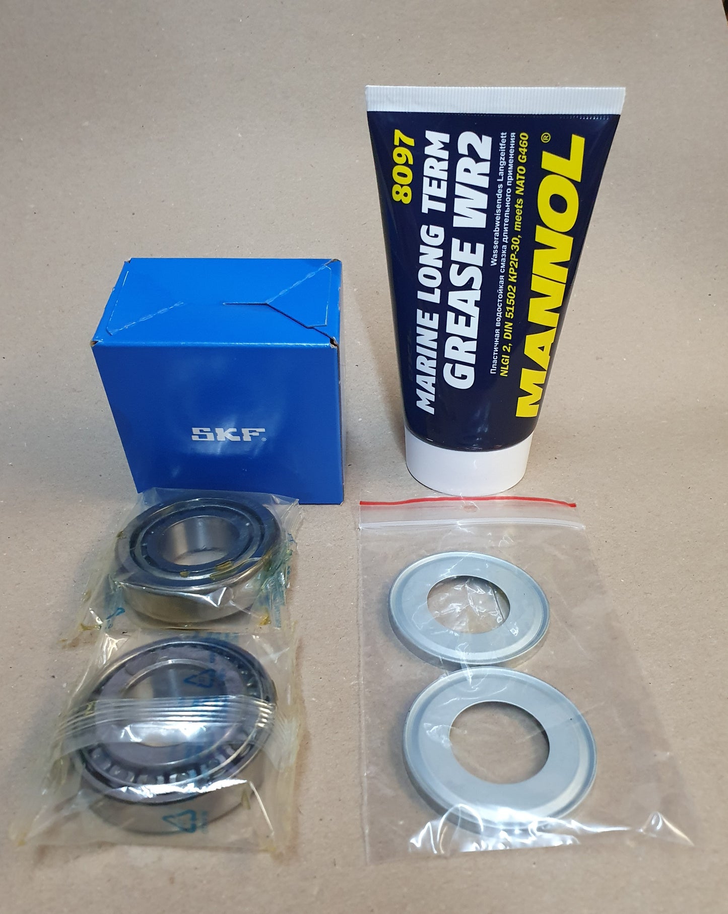 SKF Kegelrollenlager / Lenkkopflager Set Royal Enfield: 2 Stück 30205 Q J2 plus 2x NILOS Ringe ( Dichtschalen ) plus MANNOL 8079 Hochleistungs-Marinefett wasserfest