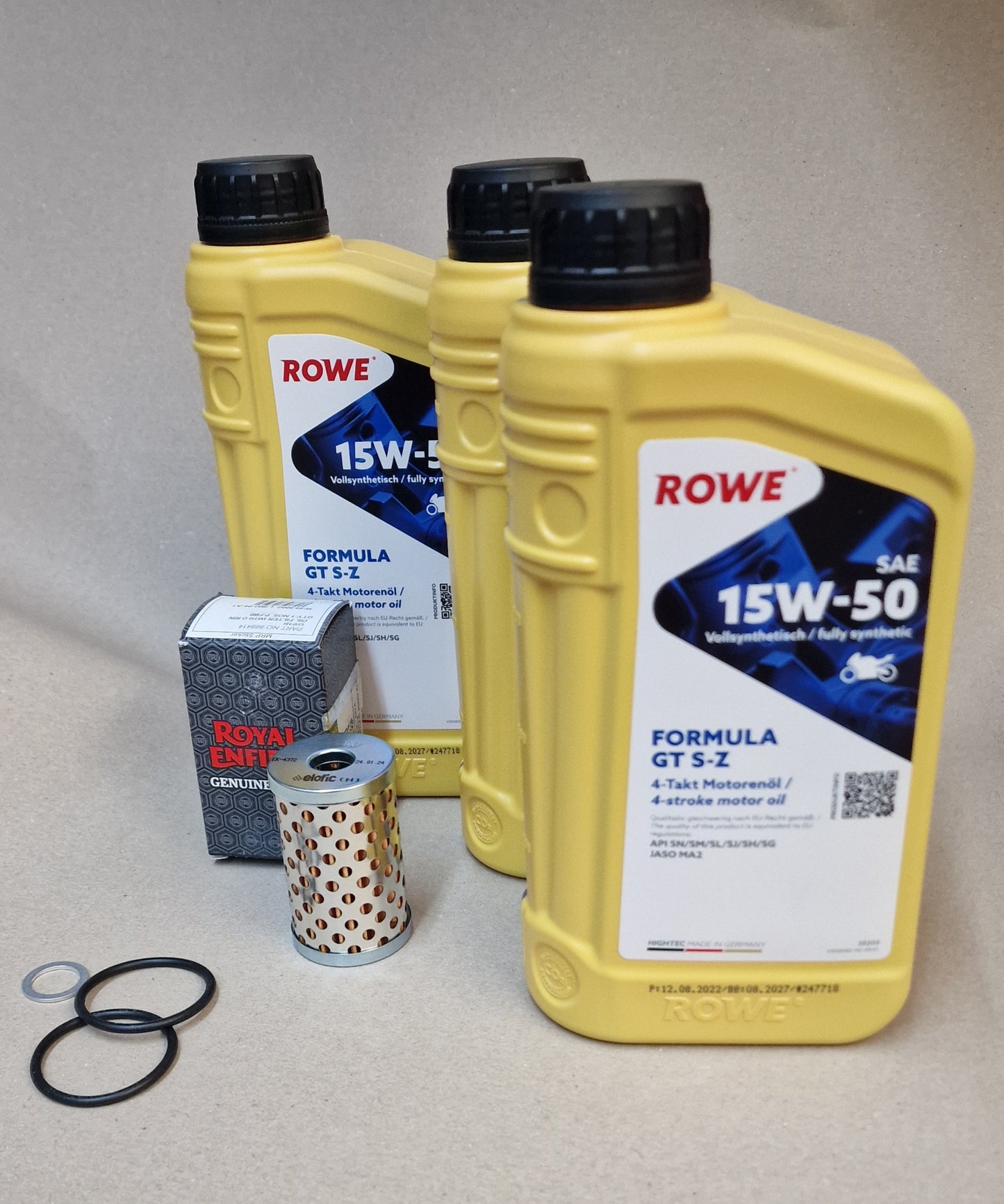 Service Kit ROWE Royal Enfield Classic 500, Continental GT 535, new Bullet (unit Motor) SAE 15W-50 Ölwechsel Set